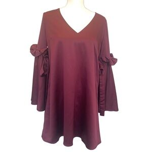 Gianni Bini Port Sandy Mini Dress with Long Bell Sleeve, Ruffle, and Bow Details